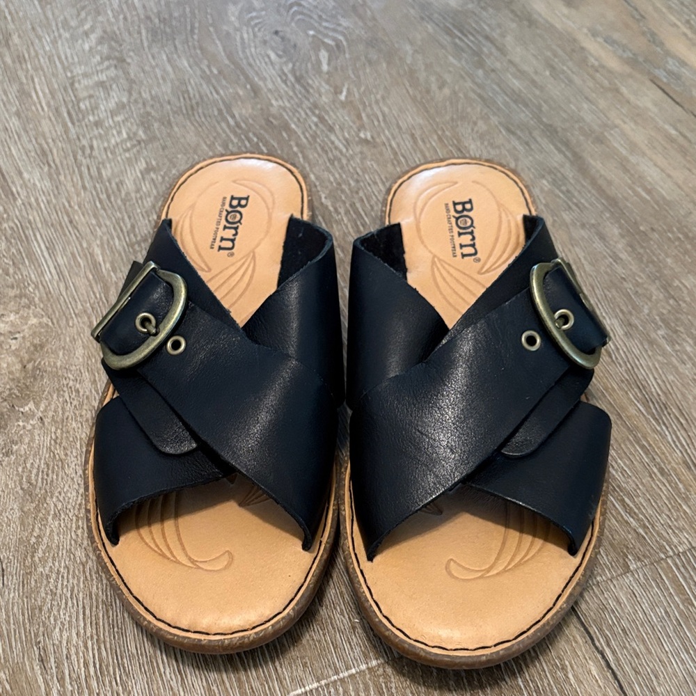 Born Black Leather Cross Strap Sandals